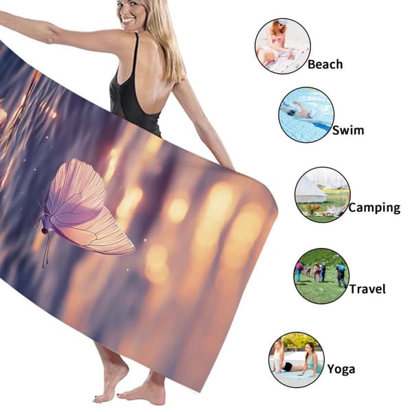Bomclap Strandhandduk 70x140cm - Schmetterling über Wasser bei Sonnenuntergang - Badhandduk Reisehandduk