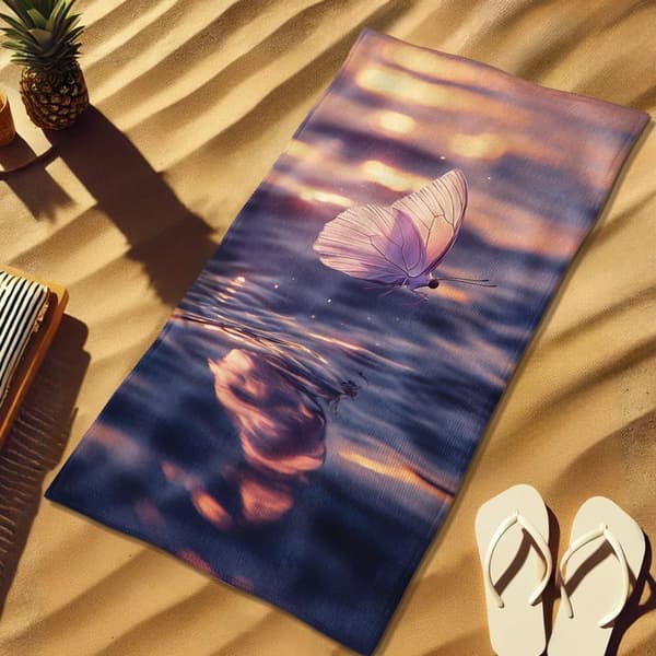 Bomclap Strandhandduk 70x140cm - Schmetterling über Wasser bei Sonnenuntergang - Badhandduk Reisehandduk