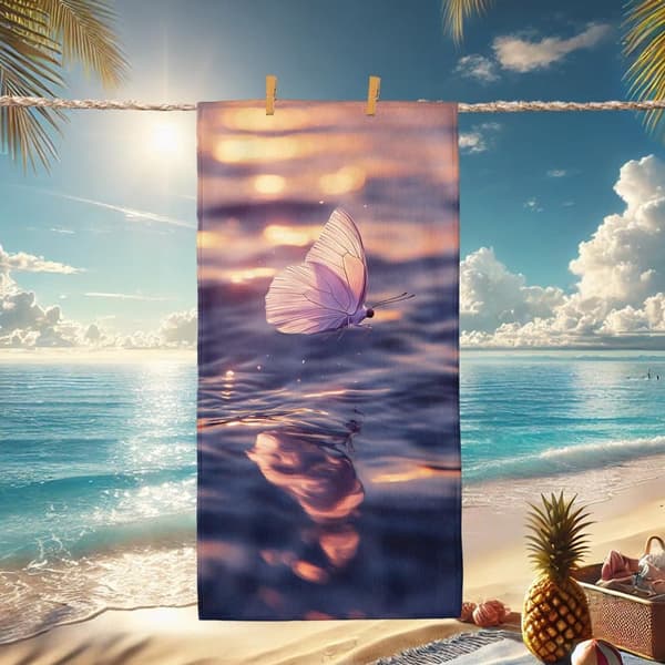 Bomclap Strandhåndklæde 70x140cm - Schmetterling über Wasser bei Sonnenuntergang - Badehåndklæde Rejsehåndklæde