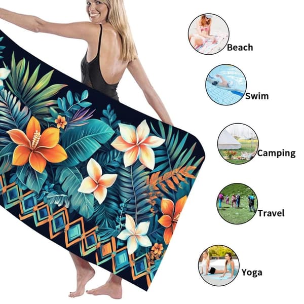 Bomclap Rantapyyhe 70x140cm - Türkisfarbene Blätter mit orangenen und weißen Blumen und geometrischem Muster - Kylpypyyhe Matkapyyhe