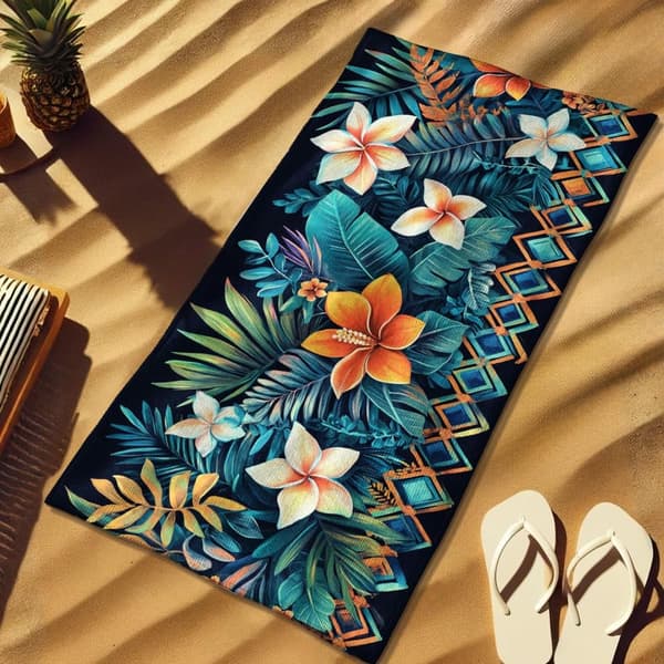 Bomclap Rantapyyhe 70x140cm - Türkisfarbene Blätter mit orangenen und weißen Blumen und geometrischem Muster - Kylpypyyhe Matkapyyhe