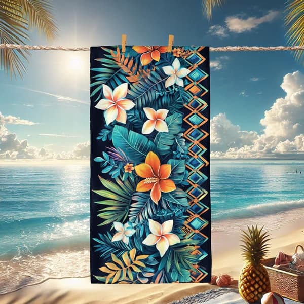 Bomclap Rantapyyhe 70x140cm - Türkisfarbene Blätter mit orangenen und weißen Blumen und geometrischem Muster - Kylpypyyhe Matkapyyhe