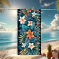 Pikkukuva 2 / 4: Bomclap Rantapyyhe 70x140cm - Türkisfarbene Blätter mit orangenen und weißen Blumen und geometrischem Muster - Kylpypyyhe Matkapyyhe