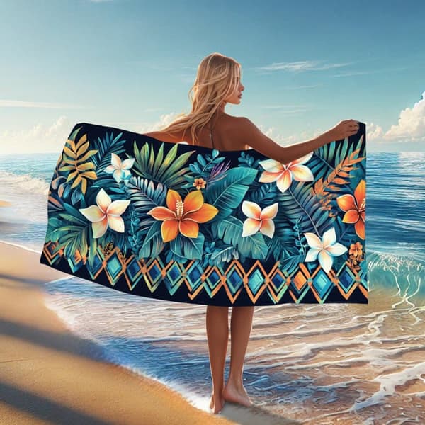 Bomclap Rantapyyhe 70x140cm - Türkisfarbene Blätter mit orangenen und weißen Blumen und geometrischem Muster - Kylpypyyhe Matkapyyhe