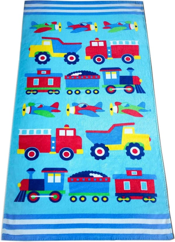 Bomclap Badehåndklæde til børn – Tog, Fly og lastbiler, 100% Bomuld, 160x80 cm, Sandfri