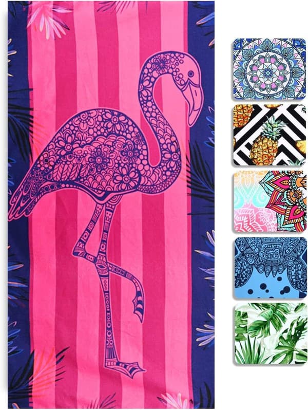 Bomclap Oversized Flamingo strandhåndklæde – 80x160 cm, mikrofiber, hurtigtørrende og sandfri, lyserødt stribet design