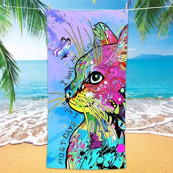 Bomclap Cat Design strandhåndklæde – 80x160 cm, sjov gave, mikrofiber, sandfri, perfekt til yoga og rejser