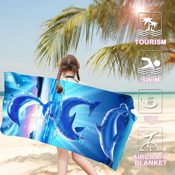 Bomclap Dolphin rantapyyhe – 80x160 cm, Abstrakti eläindesign, mikrokuitu, hiekaton, hauska lahja lapsille