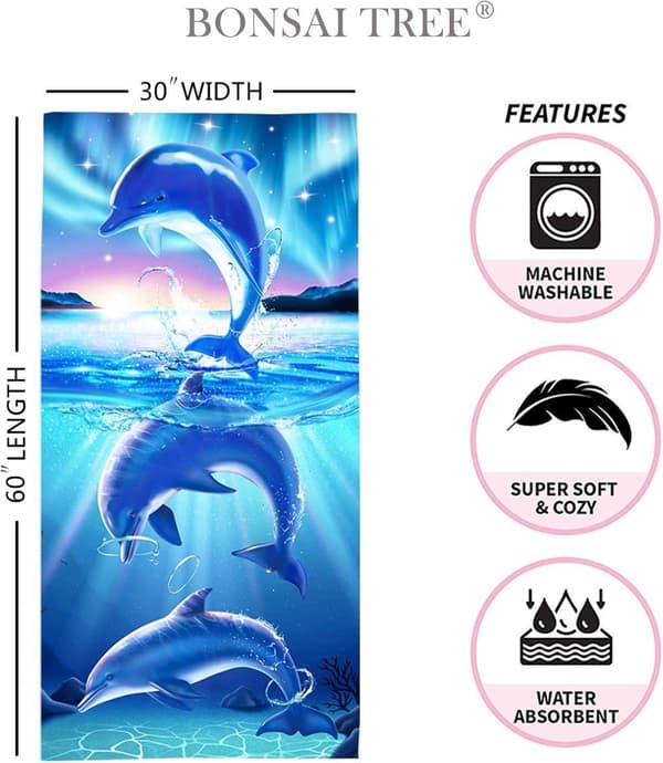 Bomclap Dolphin rantapyyhe – 80x160 cm, Abstrakti eläindesign, mikrokuitu, hiekaton, hauska lahja lapsille