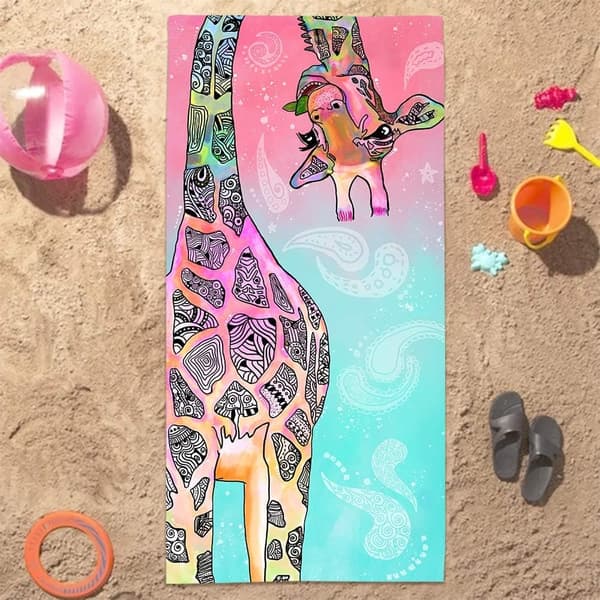 Bomclap Giraffe -kylpypyyhe – 80x160 cm, sinivihreä ja vaaleanpunainen mandala, mikrokuitu, abstrakti ja hiekaton, ainutlaatuinen lahja