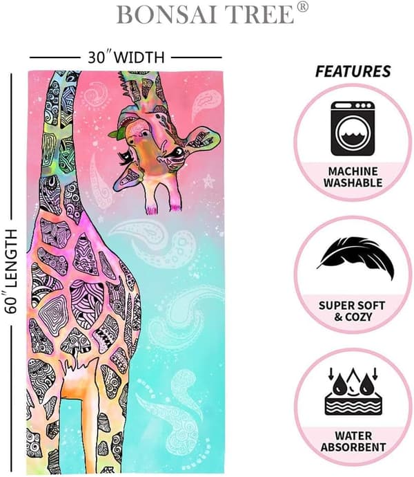 Bomclap Giraffe -kylpypyyhe – 80x160 cm, sinivihreä ja vaaleanpunainen mandala, mikrokuitu, abstrakti ja hiekaton, ainutlaatuinen lahja