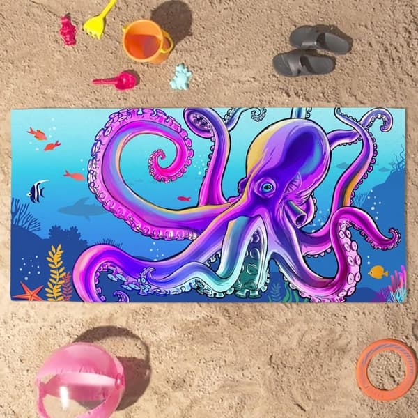 Bomclap Blue Octopus rantapyyhe – 80x160 cm, mikrokuitu, oversized, hiekaton ja nopeasti kuivuva
