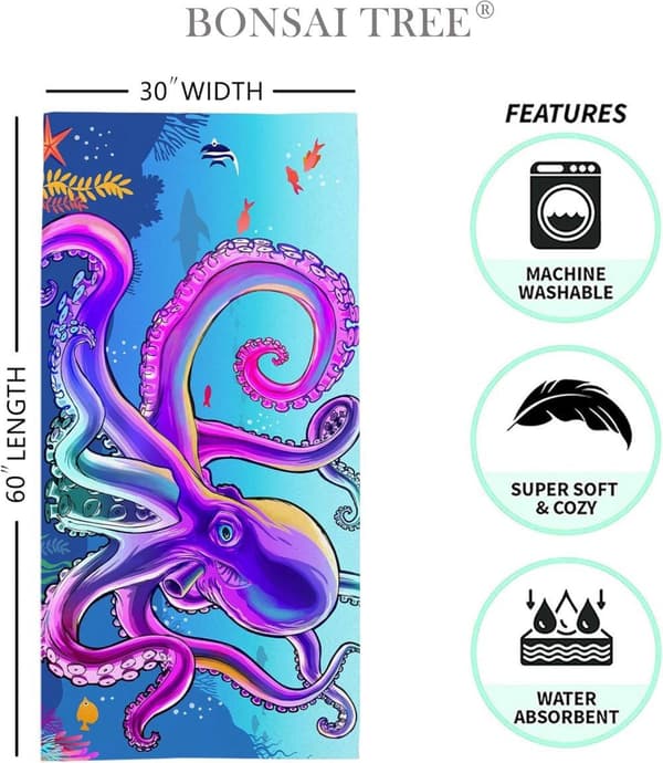 Bomclap Blue Octopus rantapyyhe – 80x160 cm, mikrokuitu, oversized, hiekaton ja nopeasti kuivuva
