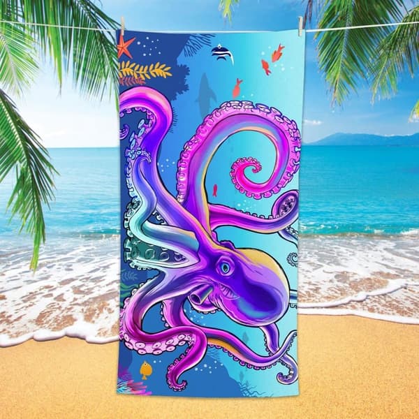 Bomclap Blue Octopus rantapyyhe – 80x160 cm, mikrokuitu, oversized, hiekaton ja nopeasti kuivuva