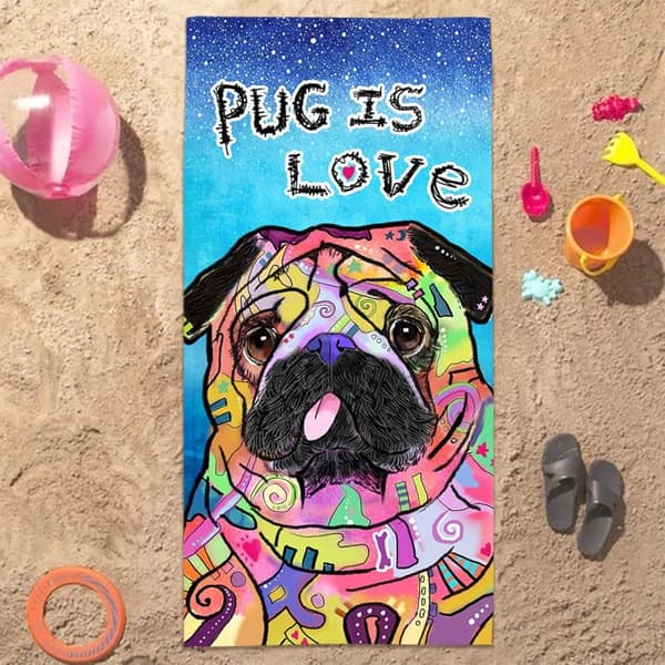 Bomclap Mopsi Kylpypyyhe – 80x160 cm, Fun Dog Design, Mikrokuitu, Hiekaton, Lahja koiran ystäville
