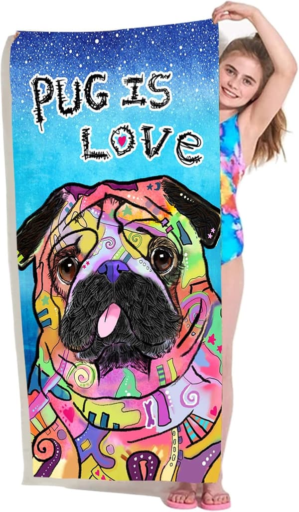 Bomclap Mopsi Kylpypyyhe – 80x160 cm, Fun Dog Design, Mikrokuitu, Hiekaton, Lahja koiran ystäville