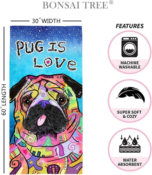 Bomclap Mopsi Kylpypyyhe – 80x160 cm, Fun Dog Design, Mikrokuitu, Hiekaton, Lahja koiran ystäville