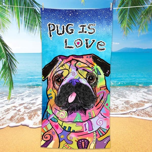 Bomclap Mopsi Kylpypyyhe – 80x160 cm, Fun Dog Design, Mikrokuitu, Hiekaton, Lahja koiran ystäville