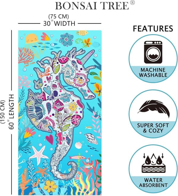 Bomclap Seahorse -kylpypyyhe – 80x160 cm, sininen design, mikrokuitu, hiekaton, ainutlaatuinen lahja naisille