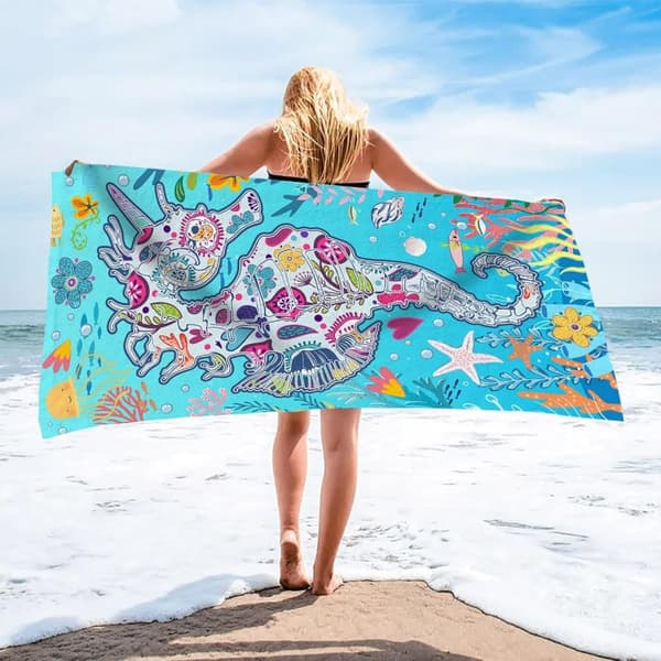 Bomclap Seahorse -kylpypyyhe – 80x160 cm, sininen design, mikrokuitu, hiekaton, ainutlaatuinen lahja naisille