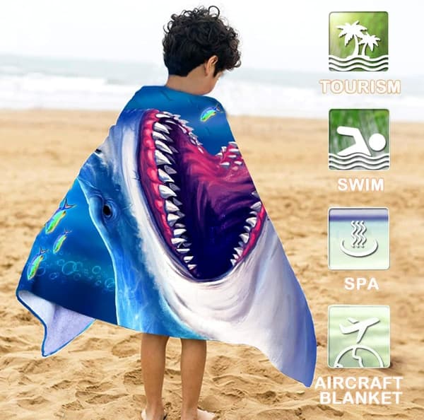 Bomclap Shark Beach Håndklæde – 80x160 cm, Cool Ocean Design, Microfiber, Sandless, Gave til mænd og kvinder