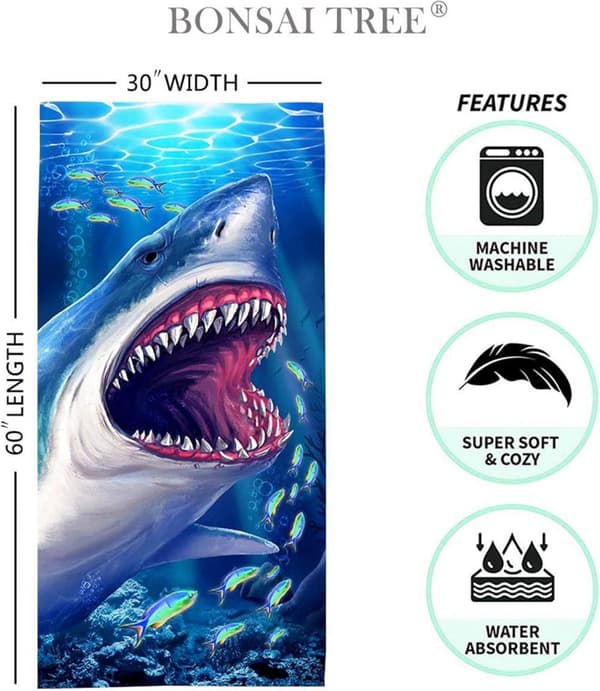 Bomclap Shark Beach Håndklæde – 80x160 cm, Cool Ocean Design, Microfiber, Sandless, Gave til mænd og kvinder