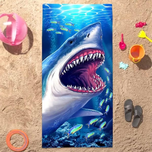 Bomclap Shark Beach Håndklæde – 80x160 cm, Cool Ocean Design, Microfiber, Sandless, Gave til mænd og kvinder