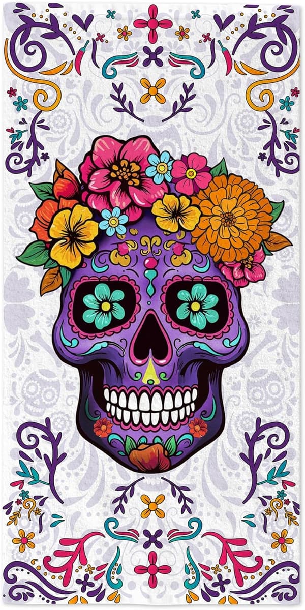 Bomclap Sugar Skull -kylpypyyhe – 80x160 cm, violetti design, mikrokuitu, hiekaton, ainutlaatuinen meksikolainen lahja