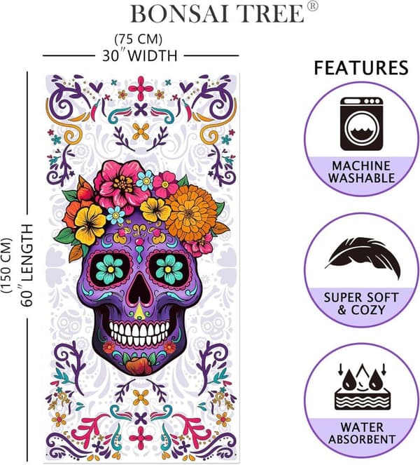 Bomclap Sugar Skull -kylpypyyhe – 80x160 cm, violetti design, mikrokuitu, hiekaton, ainutlaatuinen meksikolainen lahja