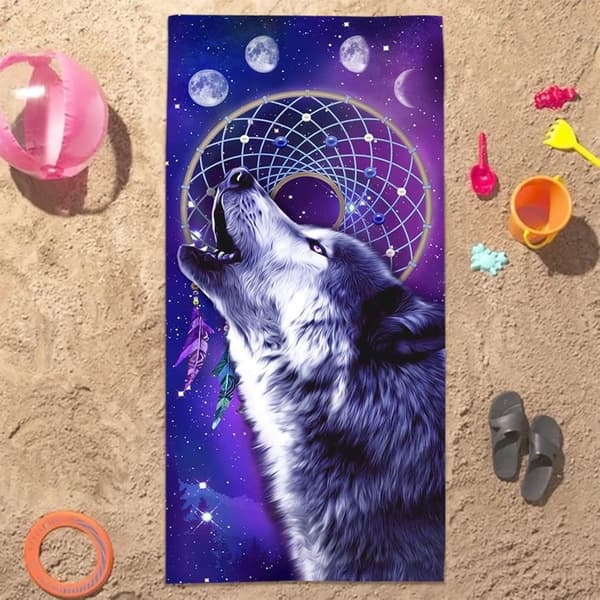 Bomclap Wolf Strandhåndklæde – 80x160 cm, Dreamcatcher Design, Mikrofiber, Sandfri, Gave til Drenge og Mænd