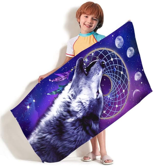 Bomclap Wolf Strandhåndklæde – 80x160 cm, Dreamcatcher Design, Mikrofiber, Sandfri, Gave til Drenge og Mænd