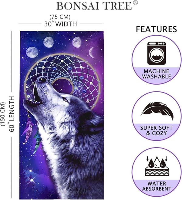 Bomclap Wolf Strandhåndklæde – 80x160 cm, Dreamcatcher Design, Mikrofiber, Sandfri, Gave til Drenge og Mænd