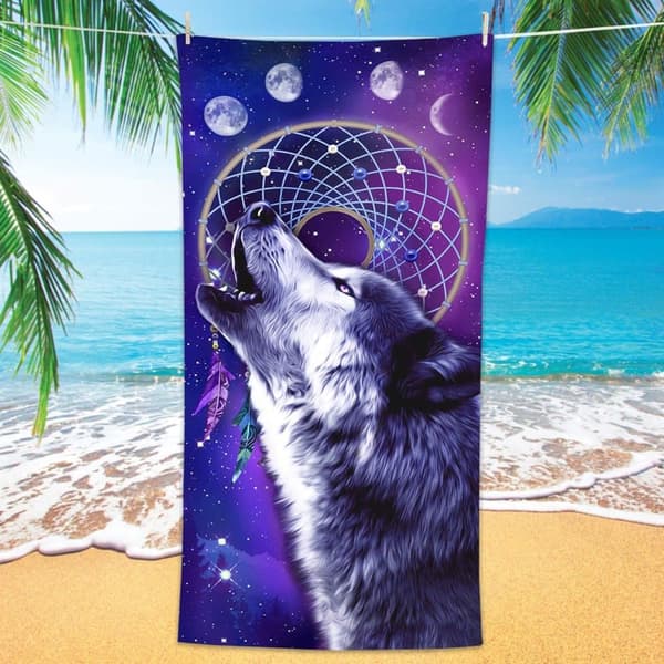 Bomclap Wolf Strandhåndklæde – 80x160 cm, Dreamcatcher Design, Mikrofiber, Sandfri, Gave til Drenge og Mænd