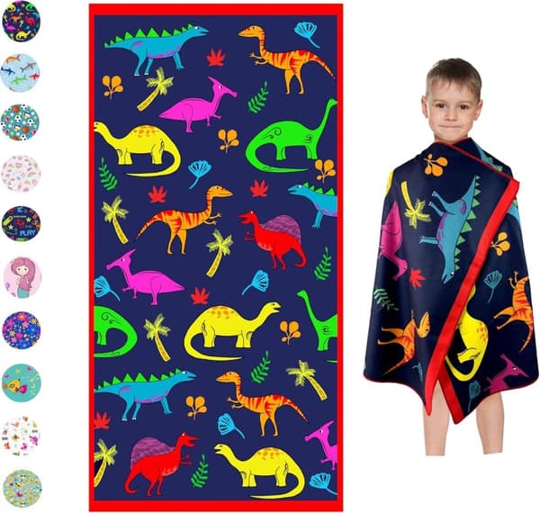 Bomclap Badehåndklæde Mikrofiber Strandhåndklæde til børn - Tyndt og Stort 80x160 cm - Dinosaur - Superabsorberende, hurtigtørrende, sandfri