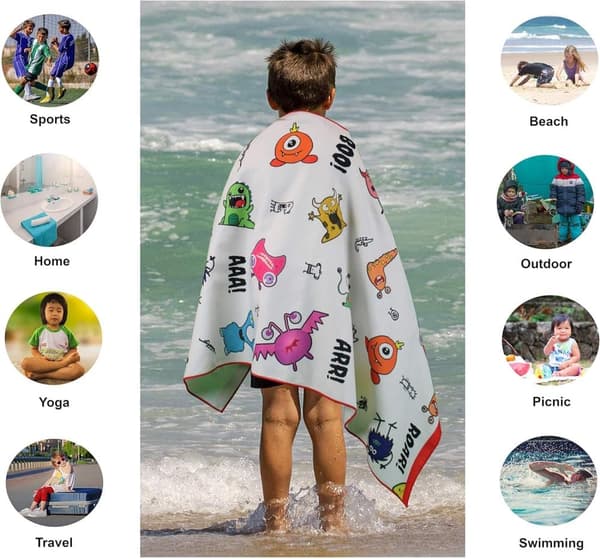Bomclap Monster Microfiber Strandhåndklæde Badehåndklæde Børn - Tynd Stor 80x160 cm - Absorberende, Sandfri, Letvægts - Svømning, Pool, Rejse