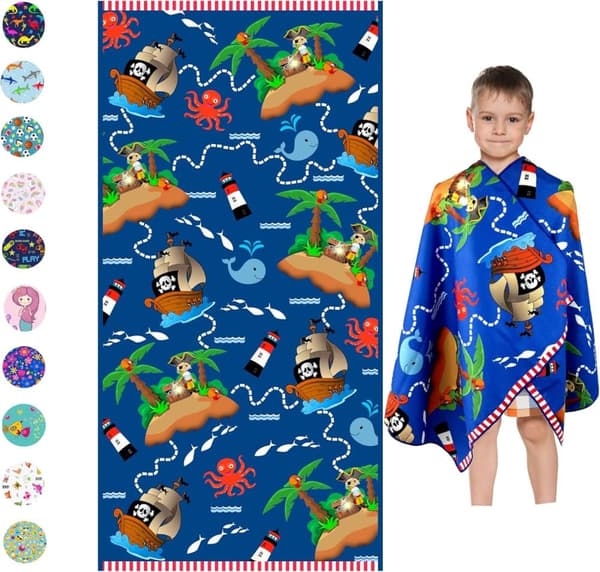 Bomclap Pirate Microfiber Strandhåndklæde Badehåndklæde Børn - Tynd Stor 80x160 cm - Absorberende, Sandfri, Letvægts - Svømning, Pool, Sport