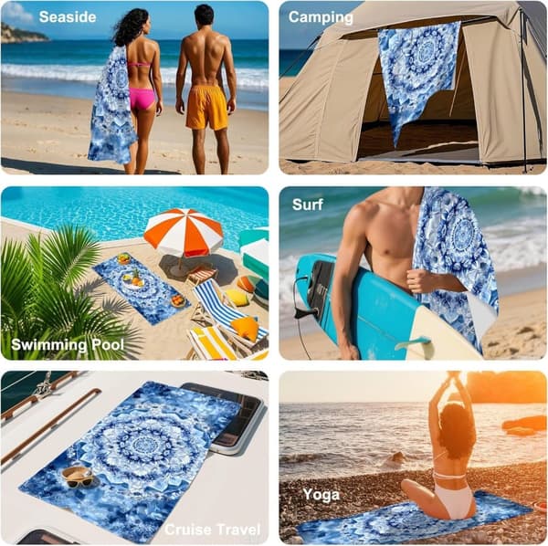 Bomclap Blue Mandala Microfiber Badehåndklæde Strandhåndklæde 80x160 cm - Geometri, Sandfri, Tynd - Motionscenter, Camping, Ferie