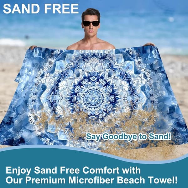 Bomclap Blue Mandala Microfiber Badehåndklæde Strandhåndklæde 80x160 cm - Geometri, Sandfri, Tynd - Motionscenter, Camping, Ferie
