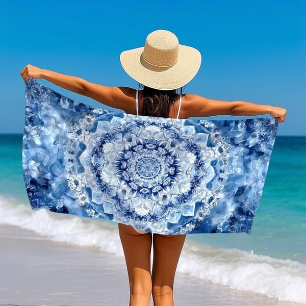 Bomclap Blue Mandala Microfiber Badehåndklæde Strandhåndklæde 80x160 cm - Geometri, Sandfri, Tynd - Motionscenter, Camping, Ferie