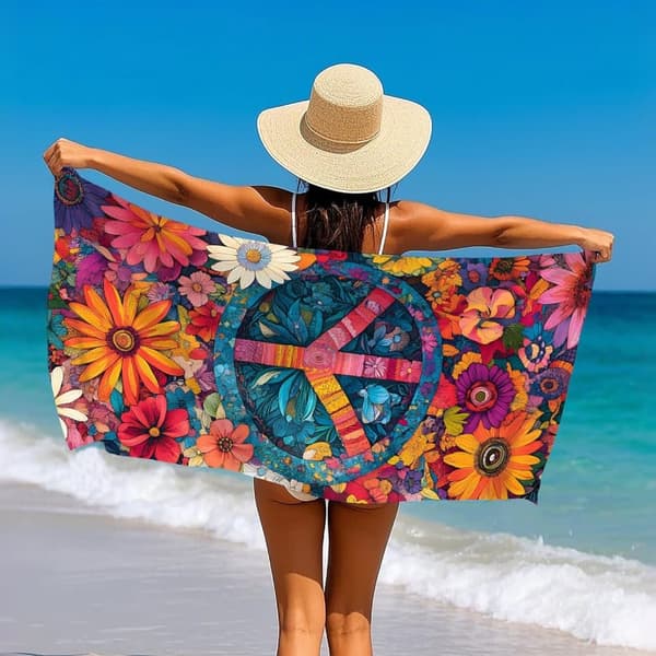 Bomclap Peace Sign Mikrokuituinen Kylpypyyhe Rantapyyhe 80x160 cm - Akvarelli Kukat, Hiekkaton - Retkeily, Matkailu, Naiset