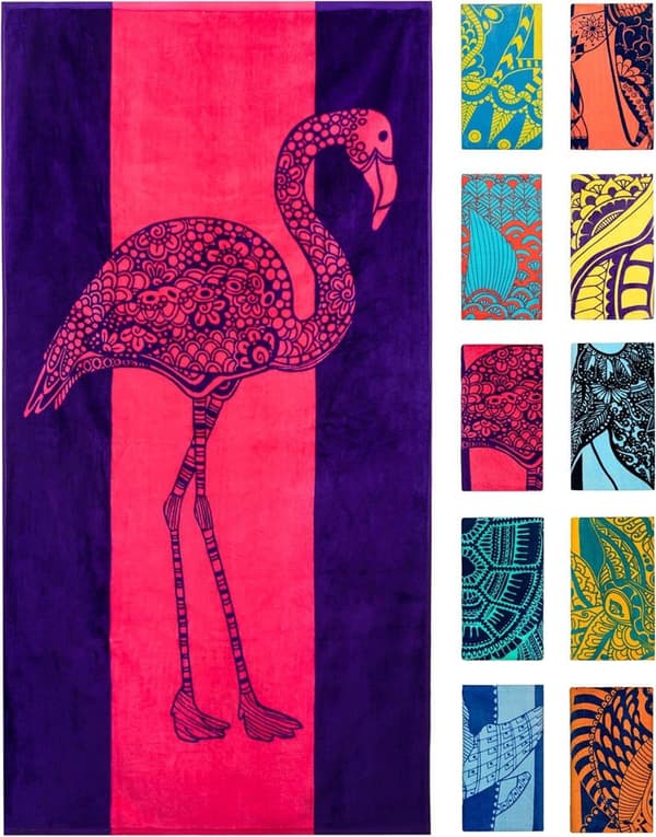 Bomclap Flamingo Microfiber Badehåndklæde Strandhåndklæde 80x160 cm - Pink & Lilla, Sødt Design, XL, Absorberende
