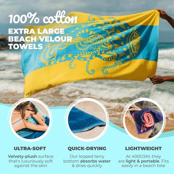 Bomclap Meduusa Rantapyyhe 80x160 cm - Trooppinen sininen ja keltainen design, 100% puuvillaa, XL - Travel