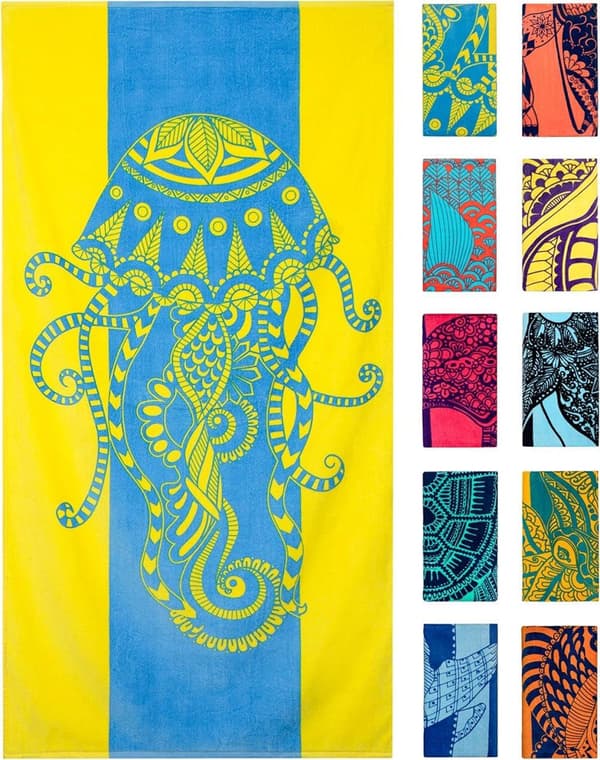 Bomclap Meduusa Rantapyyhe 80x160 cm - Trooppinen sininen ja keltainen design, 100% puuvillaa, XL - Travel