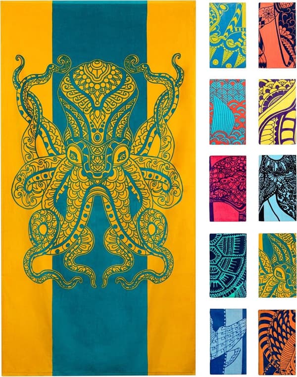 Bomclap Octopus rantapyyhepyyhe 80x160 cm - oranssi ja sinivihreä, trooppinen design, 100% puuvilla