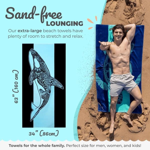 Bomclap Spækhugger Strandhåndklæde Badehåndklæde 80x160 cm - Marineblå & Blå, Hval Design, Farverig, 100% Bomuld