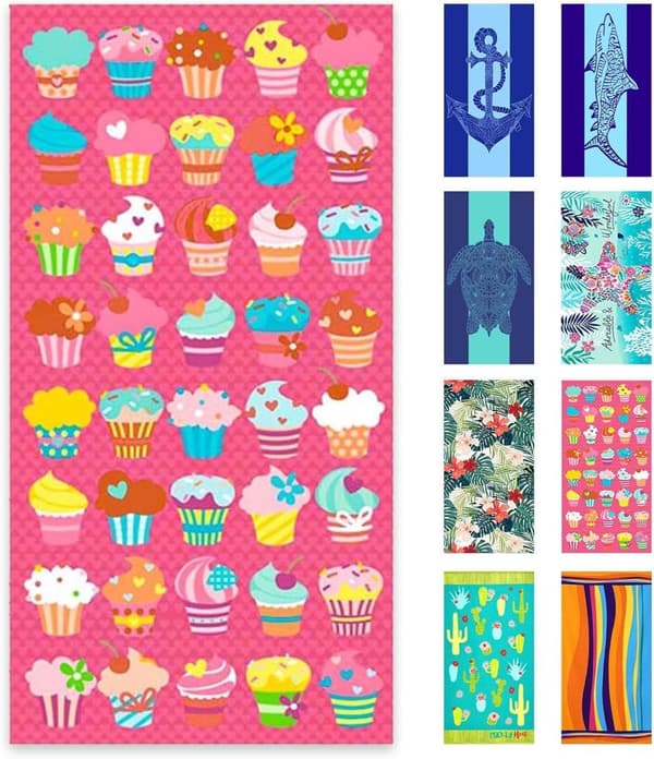 Bomclap Sandafvisende Strandhåndklæde Badehåndklæde Mikrofiber 80x160 cm - Sandfri, Tynd Kompakt - Bad, Rejse (Cupcake)