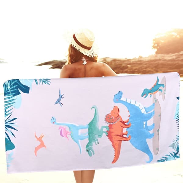 OBOSOE Dinosaurer strandtæppe børn – 80×130CM mikrofiber, hurtigtørr, sandfri. Let/tynd. Perfekt børn, bad/swim. Unikke dinosauriegave & dekor