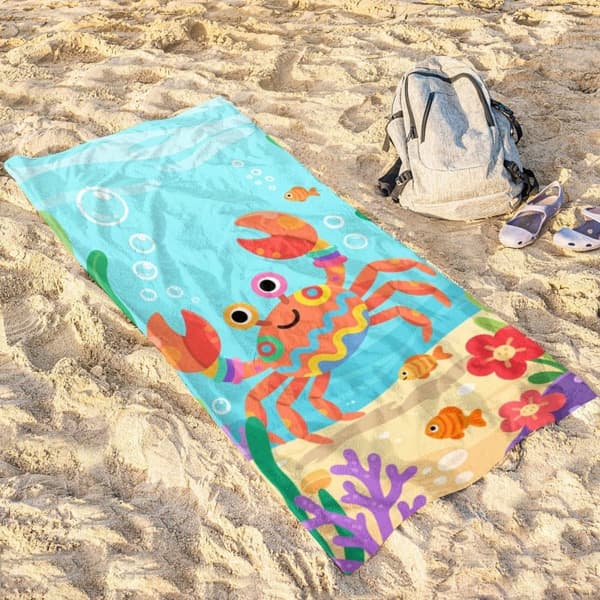 OBOSOE Strandhåndklæde 70x140cm - Fröhlicher Krabbe & Bunte Unterwasserwelt - Badehåndklæde Rejsehåndklæde
