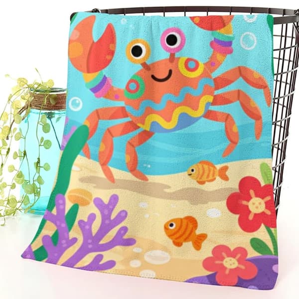 OBOSOE Strandhåndklæde 70x140cm - Fröhlicher Krabbe & Bunte Unterwasserwelt - Badehåndklæde Rejsehåndklæde