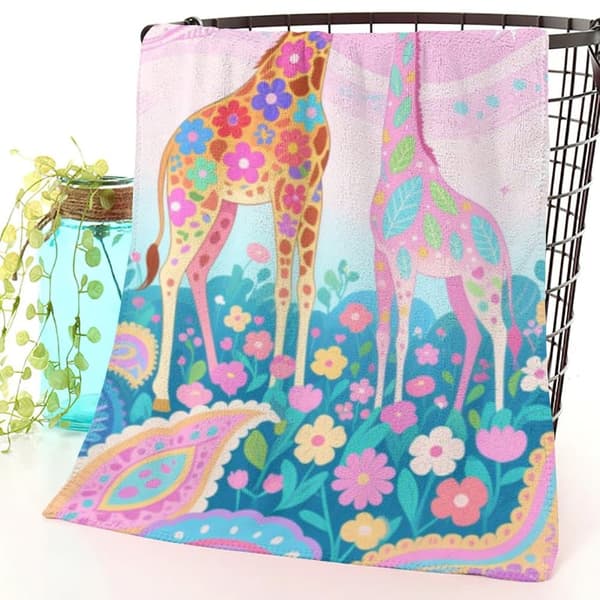 OBOSOE Strandhåndklæde 70x140cm - Blumen - Giraffen in der verträumten Wiese - Badehåndklæde Rejsehåndklæde